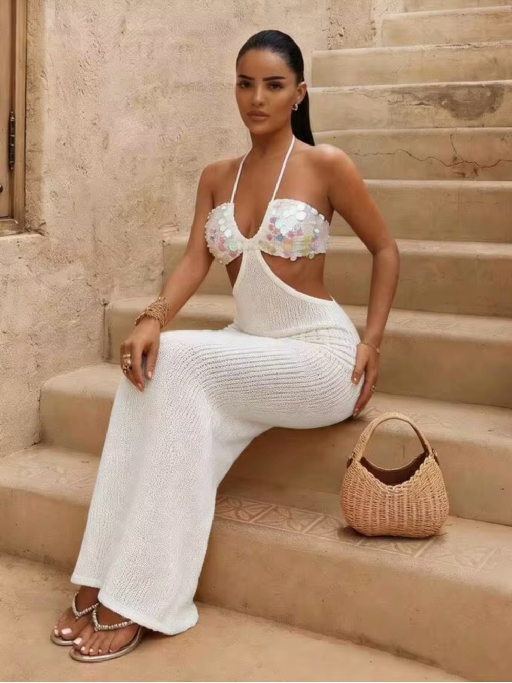 White Sequin Halter Maxi Dress with Side Cutout - Picture 11 of 11